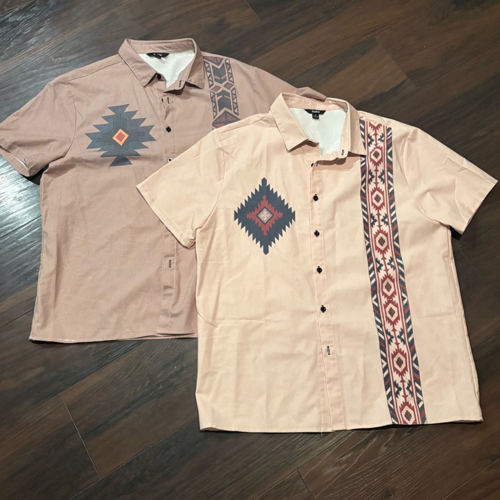 2 pc Bundle, Ouku, size XL, linen blend button down short sleeve shirts Aztec